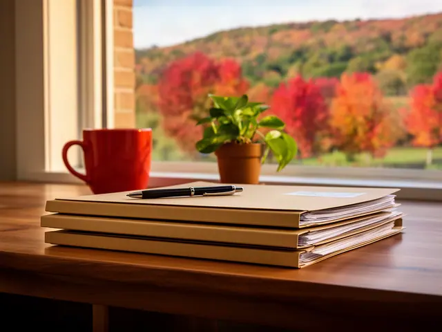 A neat stack of closed manila folders and a pen on a desk by a window.